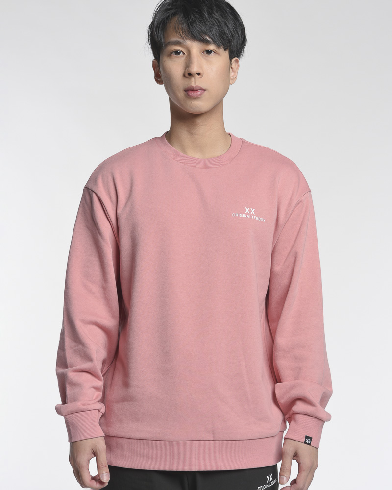 Yishion Men Oversized Solid Coloured Long Sleeve Sweatshirt with "ORIGINALTEEBOX" Logo (Pink)