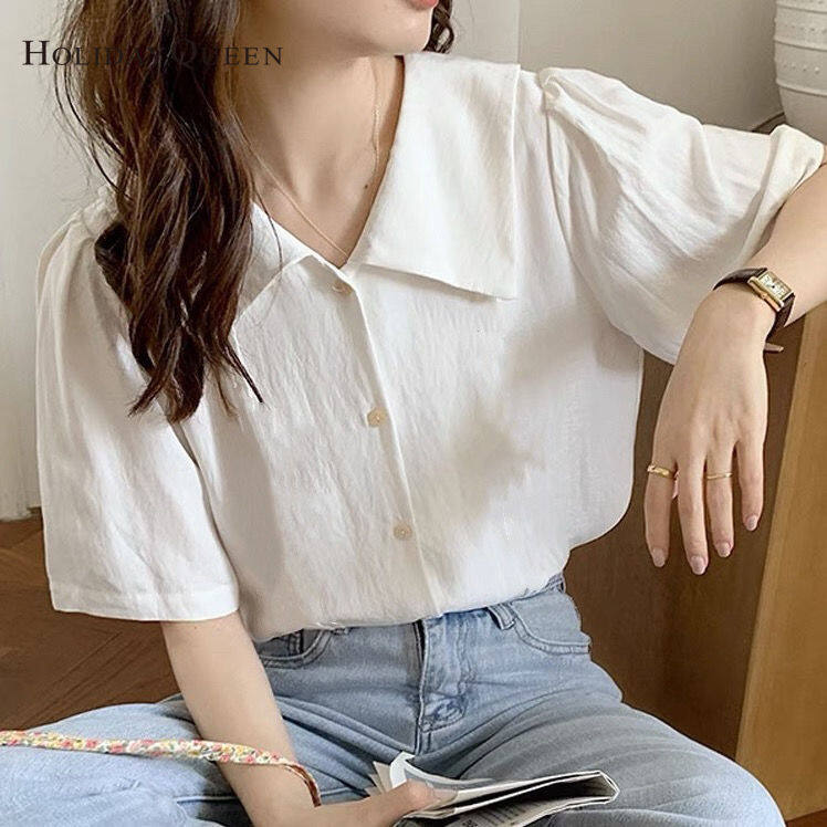HolidayQueen White Shirt Women's Short-sleeved Design Niche Shirt New Retro Hong Kong Style French V-neck Temperament Top HQP0902