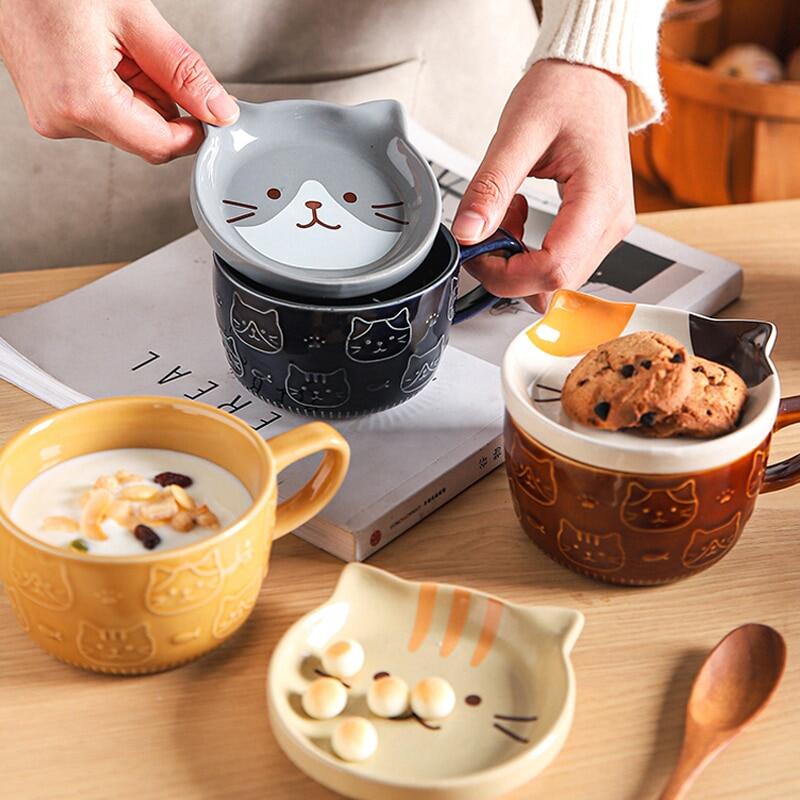 Cartoon Ceramic Cat Mug With Lid Breakfast Water Milk Tea Cup   With Lid Coffee Mugs Personality Gift Tumbler Cup Cafe Home Use